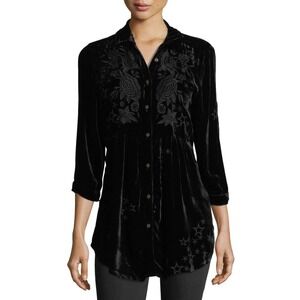 Johnny Was Womens Black Roberta Velvet Floral Embroidered Smocked Blouse Sz PS